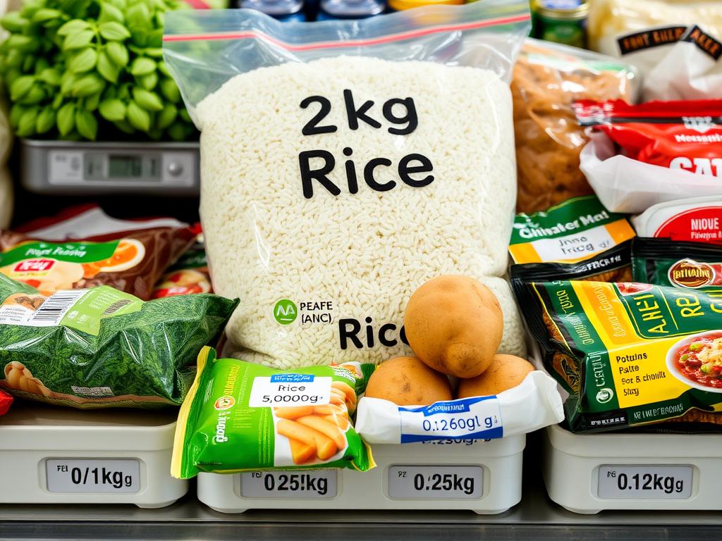 Produkty spożywcze z oznaczeniami wagi w kilogramach i gramach