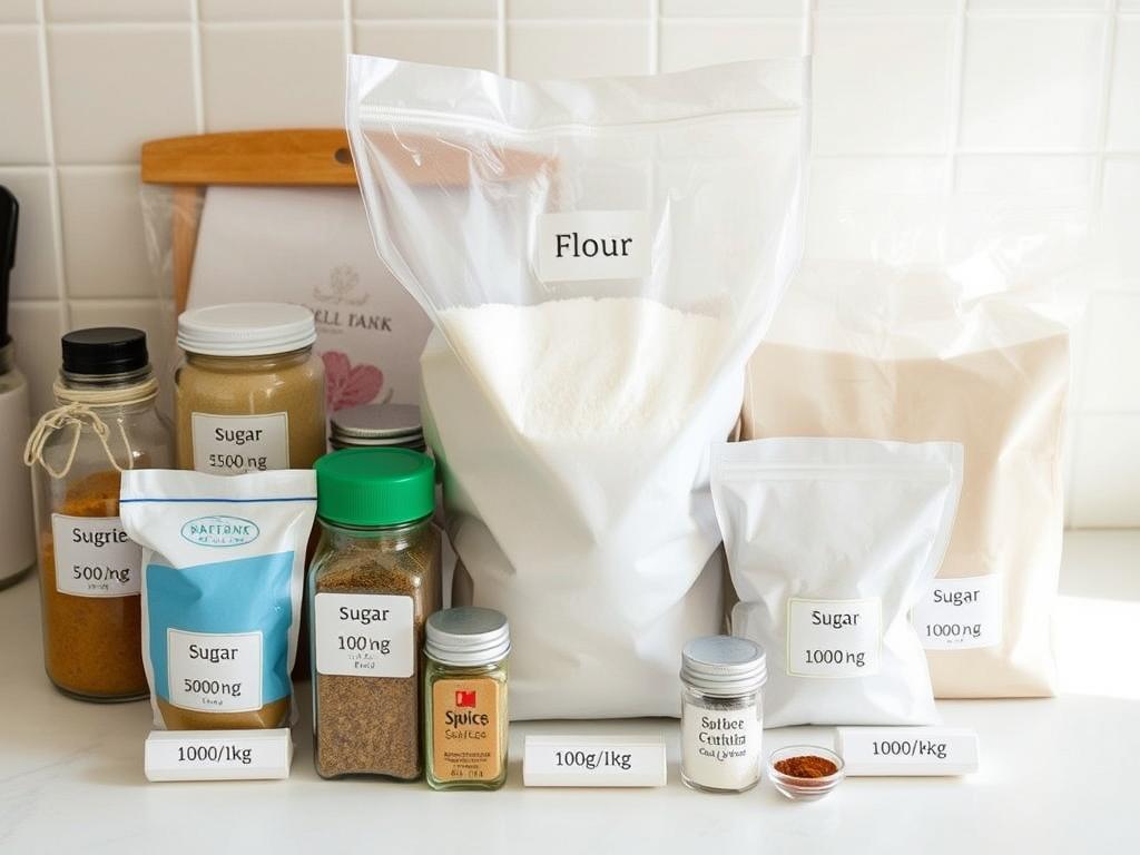 Różne produkty z oznaczeniami wagi w gramach i kilogramach
